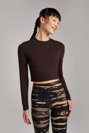 Horizon Bamboo Long Sleeve Cropped T-Shirt in Cocoa Brown