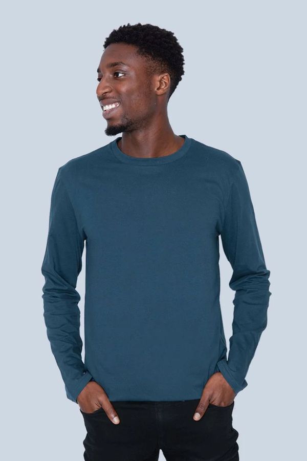 image of Plain Organic Cotton Long Sleeve T-Shirt in Denim Blue