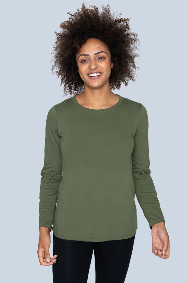 image of Plain Organic Cotton Long Sleeve T-Shirt in Khaki Green