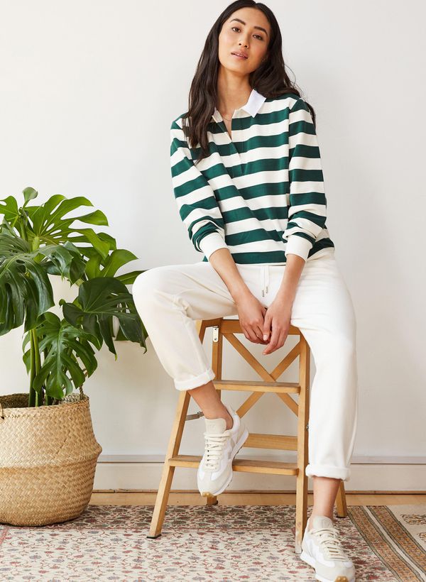 image of Jemima Organic Sweatshirt in Pine Green and Soft White Stripe