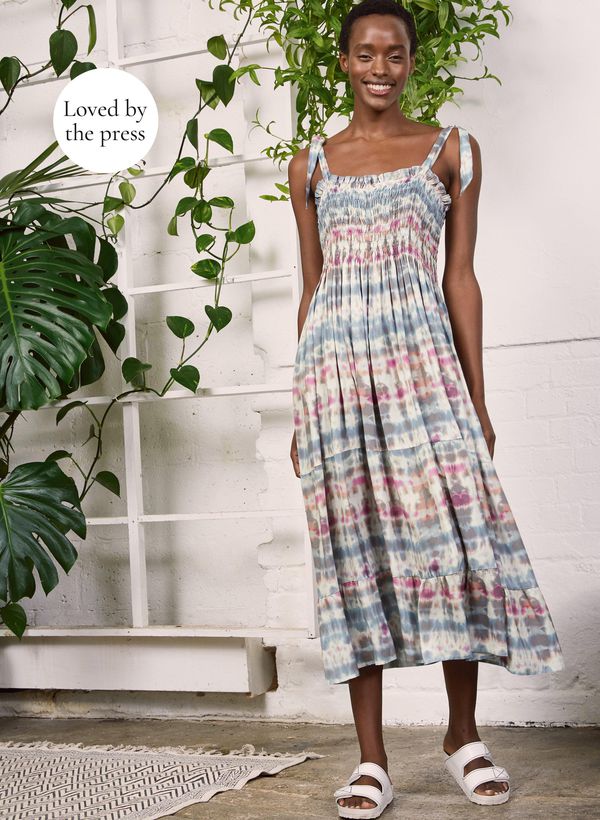 image of Aoife Dress with Ecovero in Pink and Blue Tie Dye Print