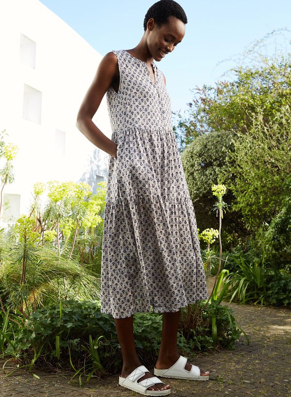 image of Aphrodite Dress with Ecovero in Navy Woodblock Print