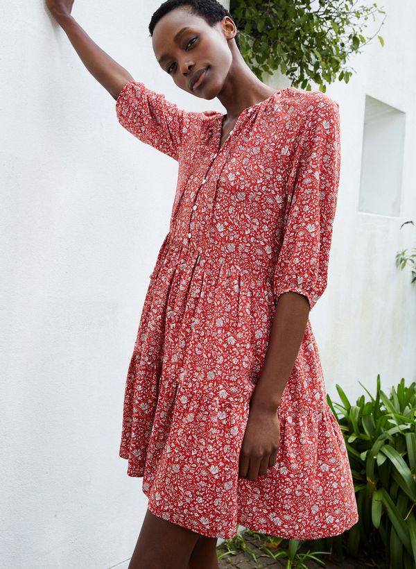 image of Calista Short Dress with Ecovero in Red Floral Print