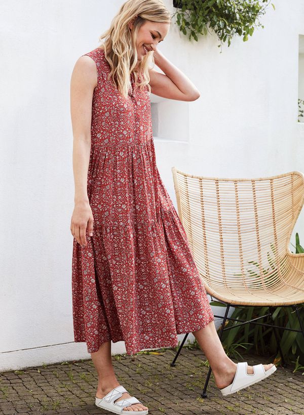 image of Calista Long Dress with Ecovero in Red Floral Print