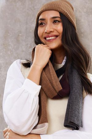 Kealy Merino Lambswool Scarf in Caramel, Grey and Ivory Stripe