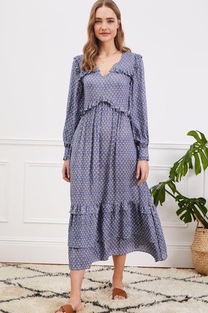 Celia Dress in Blue Woodblock Print