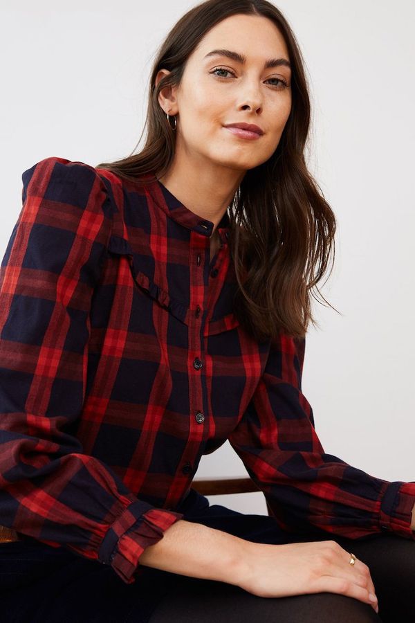 image of Elodie Organic Cotton Blouse in Navy and Red Check