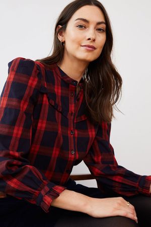 Elodie Organic Cotton Blouse in Navy and Red Check