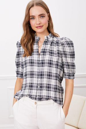 Esther Linen Blouse in Navy and Soft White Check