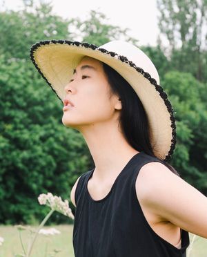 Circular Hat with Crochet Trim in Black