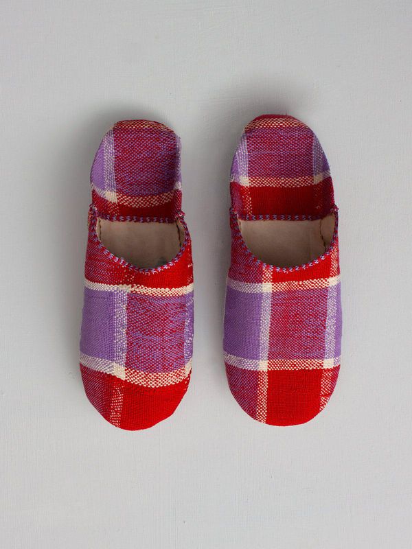 image of Moroccan Boujad Fabric Basic Babouche Slippers in Red and Lilac Check