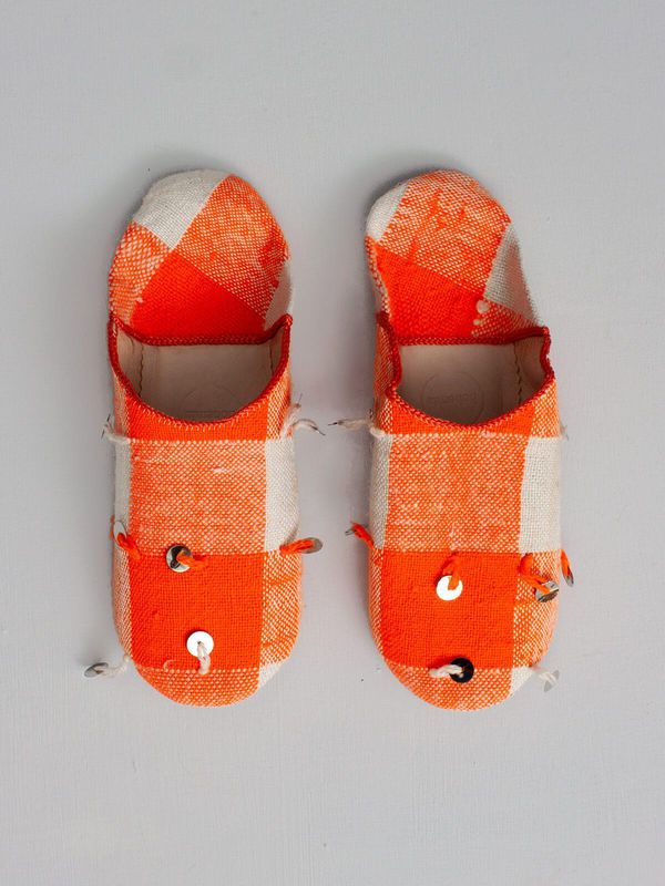 image of Moroccan Boujad Fabric Basic Babouche Slippers in Orange Sequin