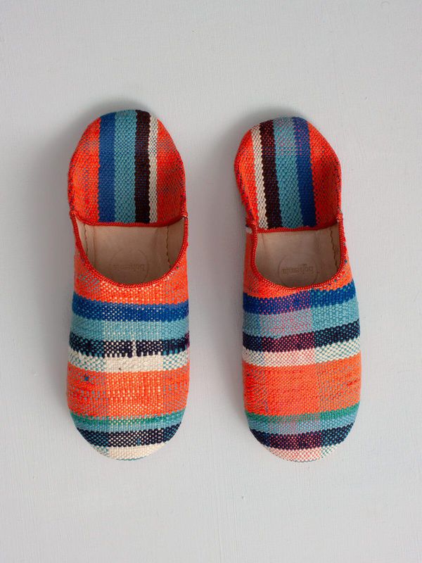 image of Moroccan Boujad Fabric Basic Babouche Slippers in Orange and Blue Check