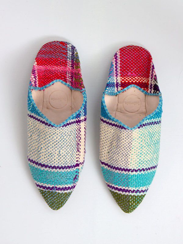 image of Moroccan Boujad Pointed Babouche Slippers in Blue Green Stripe