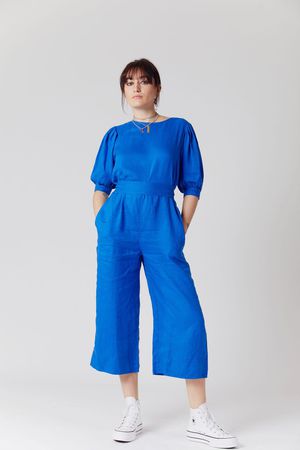 Faye Organic Linen Jumpsuit in Blue