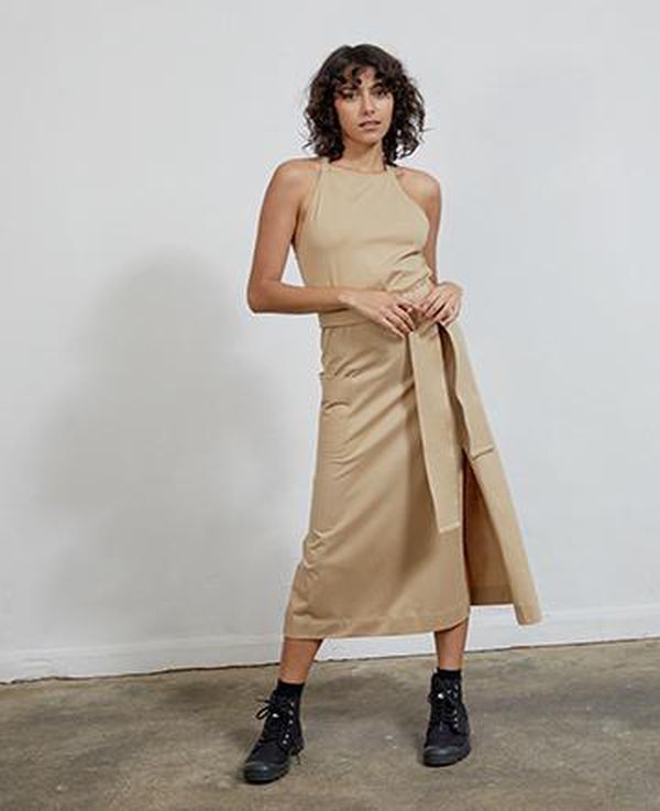 image of Organic Cotton Apron Dress in Khaki