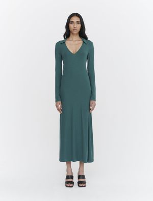 Stretch Tencel Rib Collared Long Sleeve Maxi Dress in Pine