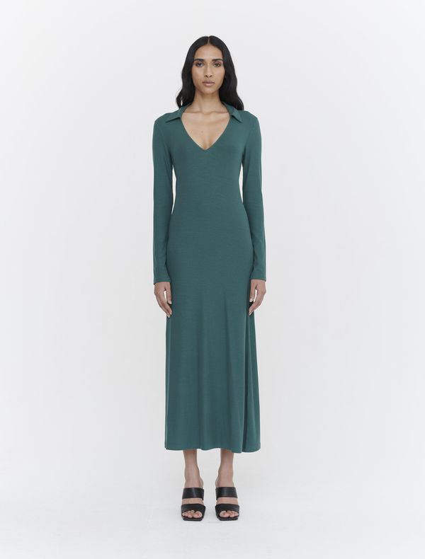 image of Stretch Tencel Rib Collared Long Sleeve Maxi Dress in Pine