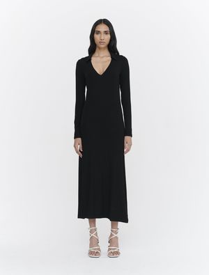 Stretch Tencel Rib Collared Long Sleeve Maxi Dress in Black