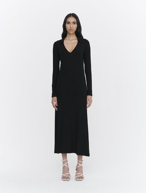 image of Stretch Tencel Rib Collared Long Sleeve Maxi Dress in Black