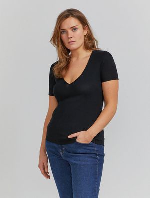 Organic Cotton Ribbed V-Neck T-Shirt in Black