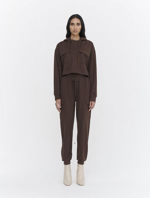 Heavy Organic Cotton Double Pocket Cropped Hoodie in Chocolate