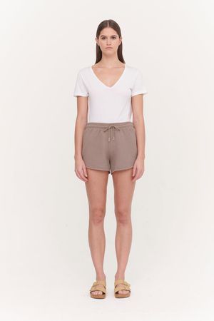 Lyla Organic Cotton Mid Loopback Running Shorts in Stone