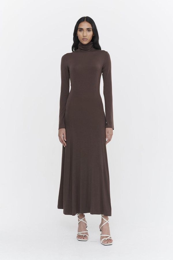 image of Stretch Tencel Gathered Shoulder Maxi Dress in Chocolate