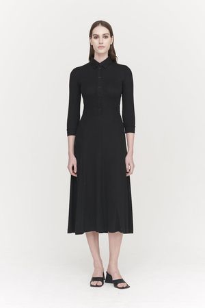 Cecilia Stretch Tencel  Emerised Rib Shirt Dress in Black