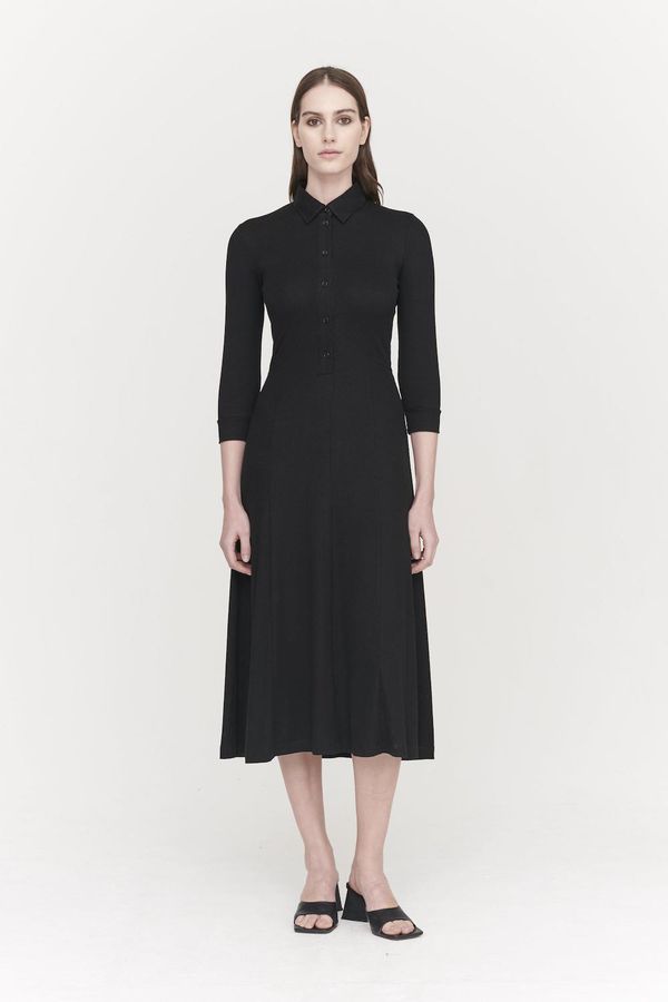 image of Cecilia Stretch Tencel  Emerised Rib Shirt Dress in Black