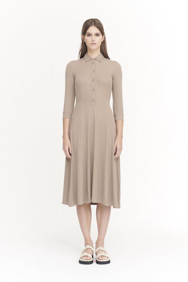 image of Cecilia Stretch Tencel Emerised Rib Shirt Dress in Clay