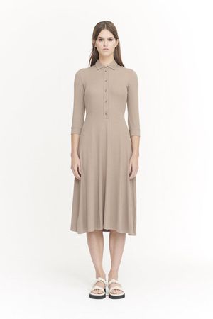Cecilia Stretch Tencel Emerised Rib Shirt Dress in Clay