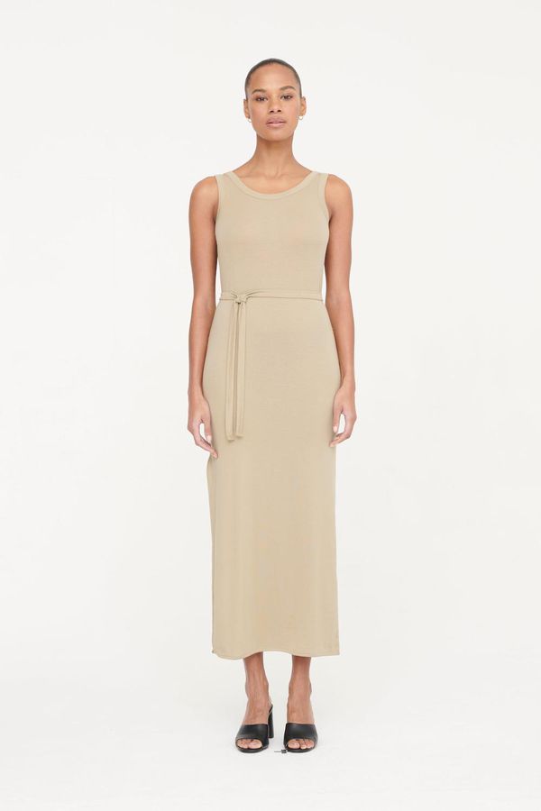 image of Wren Lyocell Rib Crepe Bound Drop Back Dress in Dark Taupe