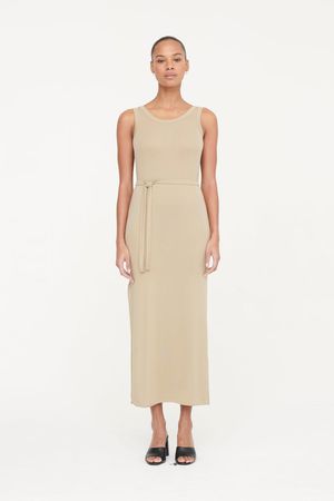 Wren Lyocell Rib Crepe Bound Drop Back Dress in Dark Taupe