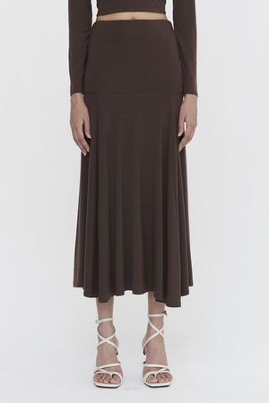 Stretch Tencel  Yoke Flare Skirt in Chocolate