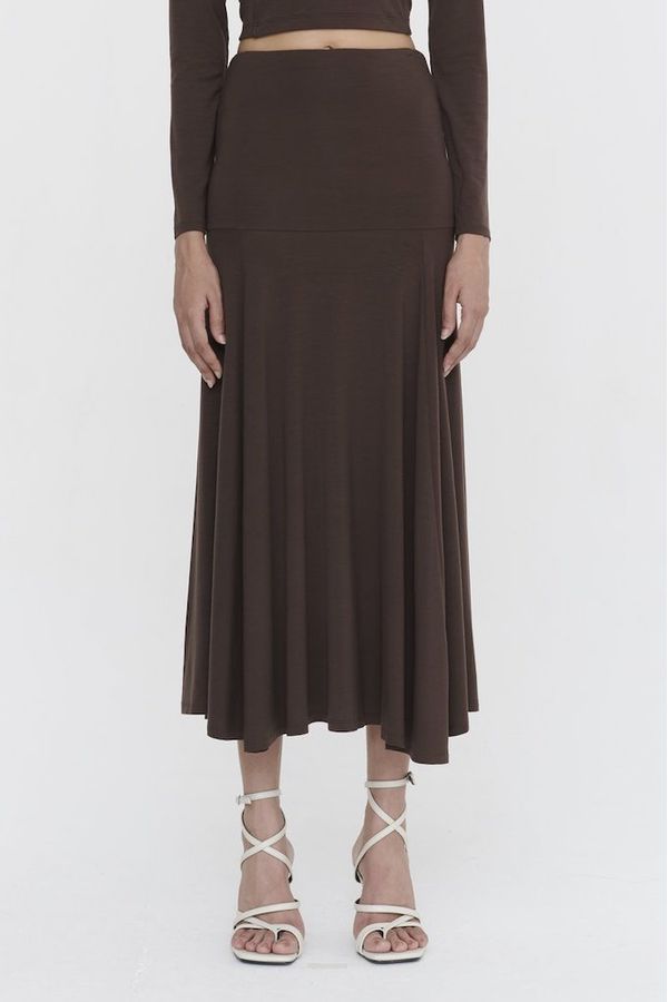 image of Stretch Tencel  Yoke Flare Skirt in Chocolate