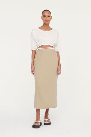 Ezra Lyocell Rib Crepe Paperbag Skirt in Dark Taupe