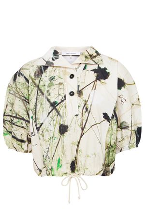Organic Cotton Poplin Abstract Meadow Print Top in Ecru with Green Meadow