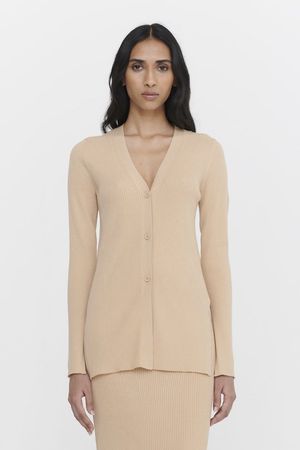 True Knit Seamed Rib Longline Cardigan with Splits in Golden Straw
