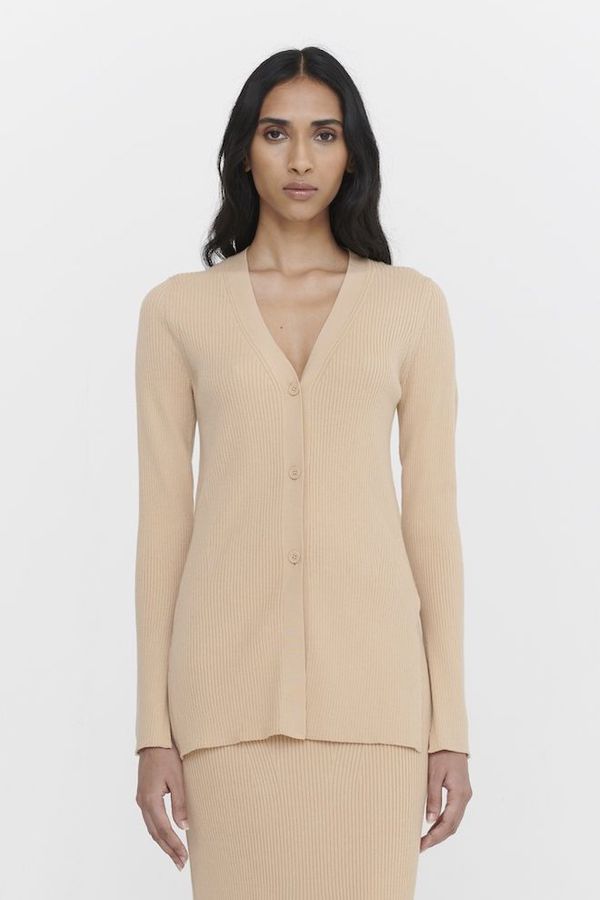 image of True Knit Seamed Rib Longline Cardigan with Splits in Golden Straw