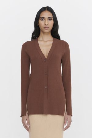 True Knit Seamed Rib Longline Cardigan with Splits in Chocolate
