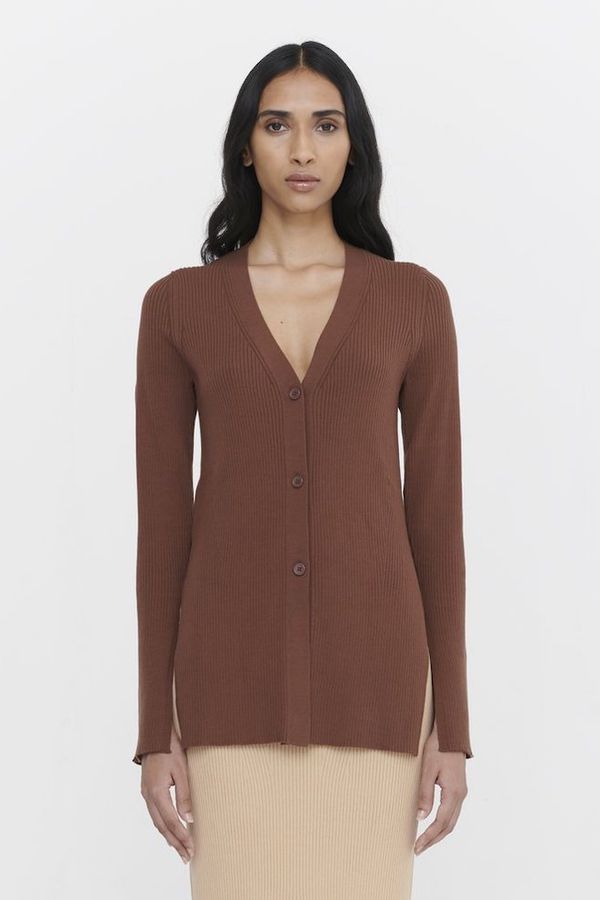 image of True Knit Seamed Rib Longline Cardigan with Splits in Chocolate