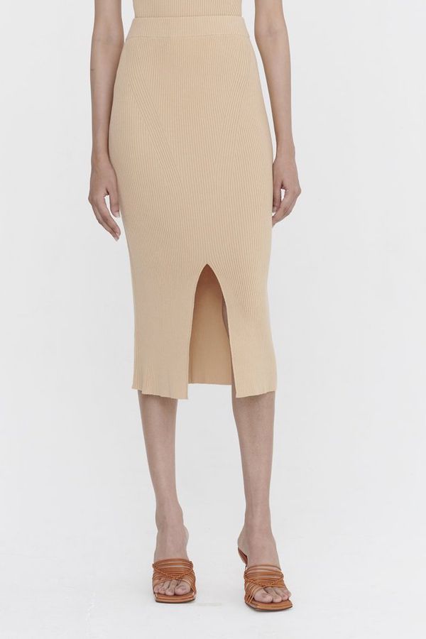 image of True Knit Seamed Rib Split Front Skirt in Golden Straw