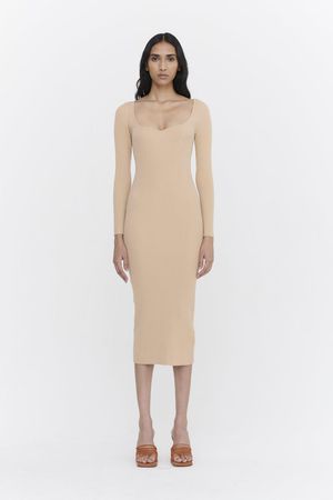 True Knit Seamed Rib Sweetheart Midi Dress in Golden Straw