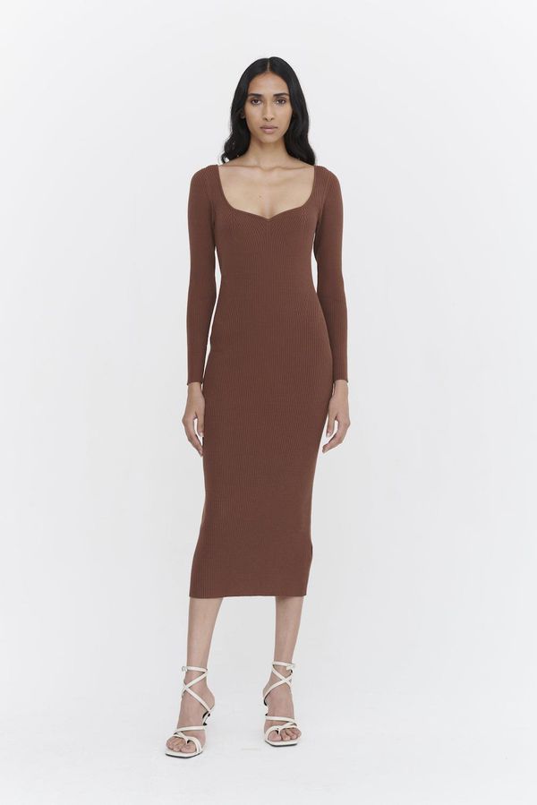 image of True Knit Seamed Rib Sweetheart Midi Dress in Chocolate