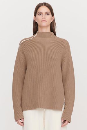 Wrapped Seam Funnel Neck Sweater in Dark Taupe