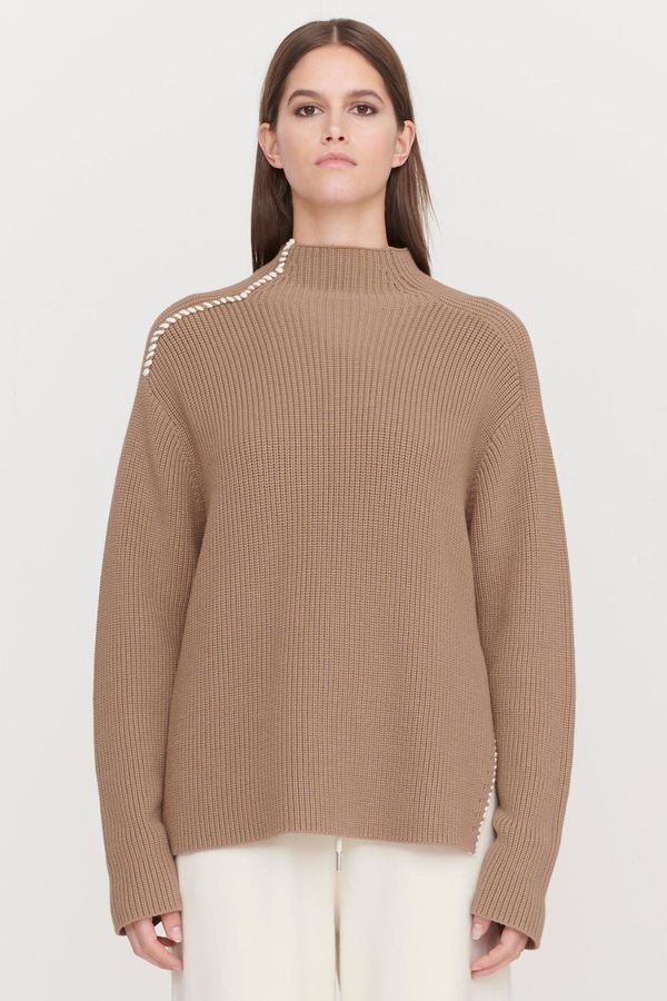 image of Wrapped Seam Funnel Neck Sweater in Dark Taupe