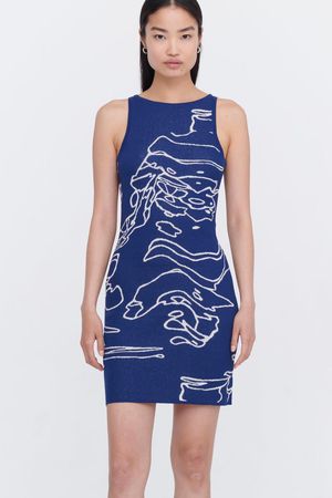 Sierra Ripple Jacquard Mini Dress in Ripple Print Navy with Ecru