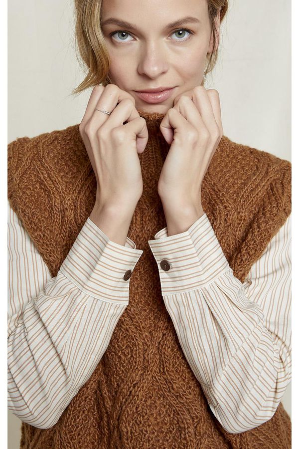 image of Hattie Hand-Knitted Sleeveless Jumper in Camel Wool