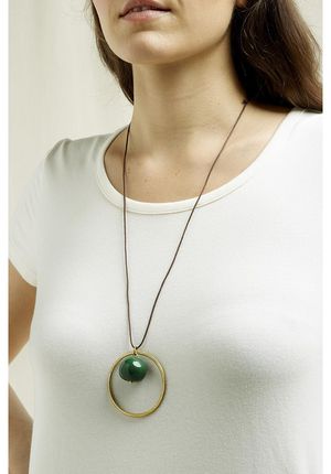 Bead and Circle Necklace in Brass and Green
